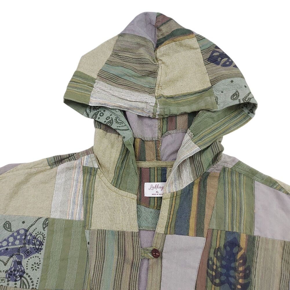 Lakhays Patchwork Hoodie Mens XL Green Mushroom Frog Cotton Festival Hippie Boho - Picture 3 of 11
